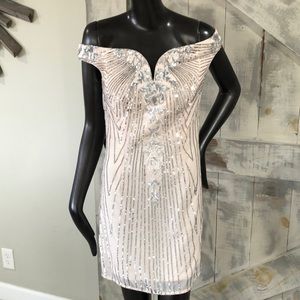 Elvi Nude sequin sleeveless dress cream silver Sz 6